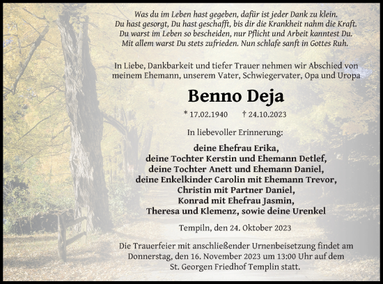 Traueranzeige von Benno Deja von Templiner Zeitung