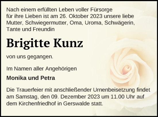 Traueranzeige von Brigitte Kunz von Templiner Zeitung