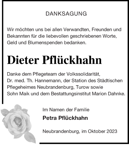 Traueranzeige von Dieter Pflückhahn von Müritz-Zeitung