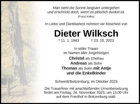 Traueranzeige von Dieter Wilksch von Templiner Zeitung