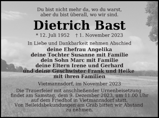 Traueranzeige von Dietrich Bast von Templiner Zeitung