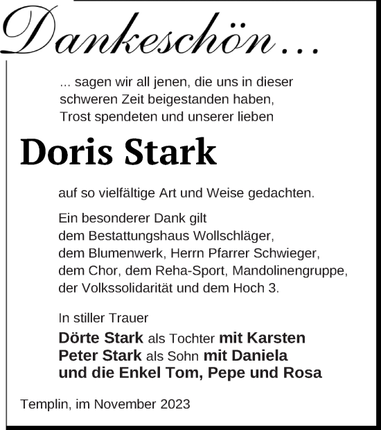 Traueranzeige von Doris Stark von Templiner Zeitung