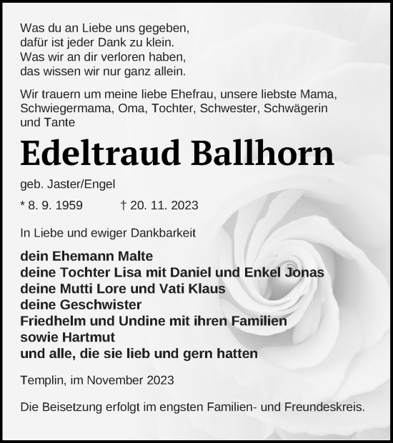 Traueranzeige von Edeltraud Ballhorn von Templiner Zeitung