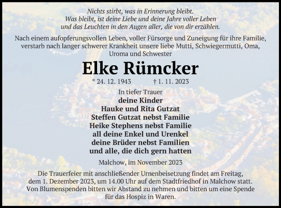 Traueranzeige von Elke Rümcker von Müritz-Zeitung