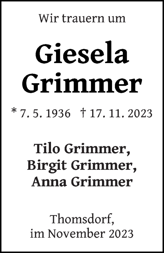 Traueranzeige von Giesela Grimmer von Templiner Zeitung