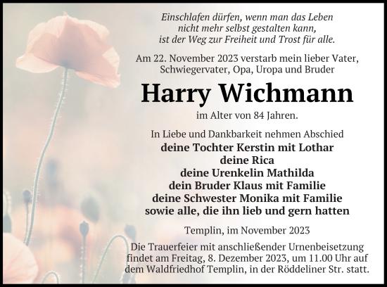 Traueranzeige von Harry Wichmann von Templiner Zeitung