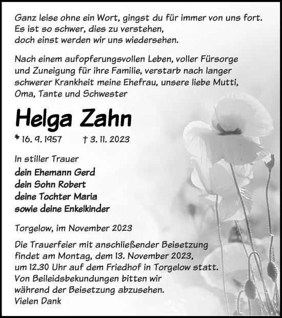Traueranzeige von Helga Zahn von Haff-Zeitung