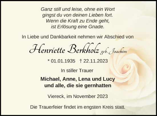 Traueranzeige von Henriette Berkholz von Pasewalker Zeitung