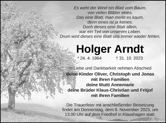 Traueranzeige von Holger Arndt von Templiner Zeitung