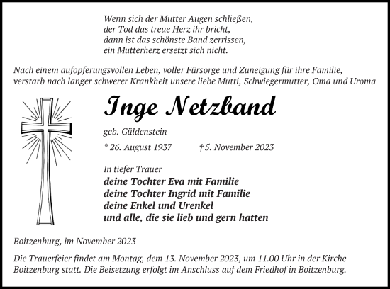 Traueranzeige von Inge Netzband von Templiner Zeitung