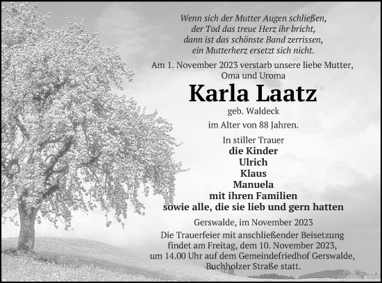 Traueranzeige von Karla Laatz von Templiner Zeitung
