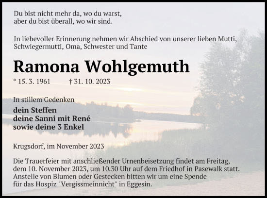 Traueranzeige von Ramona Wohlgemuth von Pasewalker Zeitung