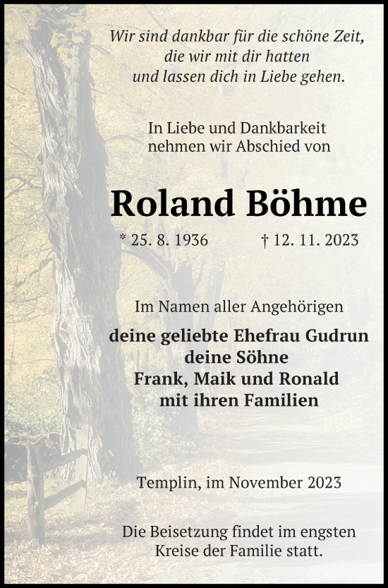Traueranzeige von Roland Böhme von Templiner Zeitung
