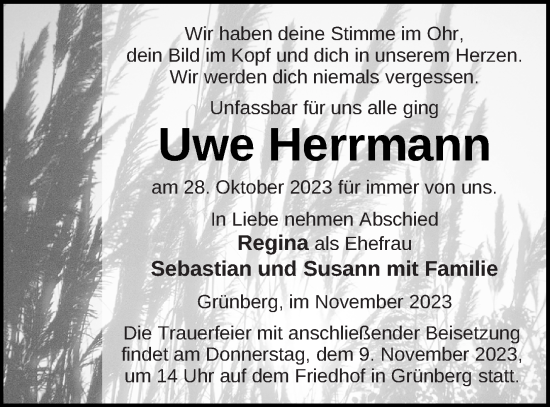Traueranzeige von Uwe Herrmann von Pasewalker Zeitung