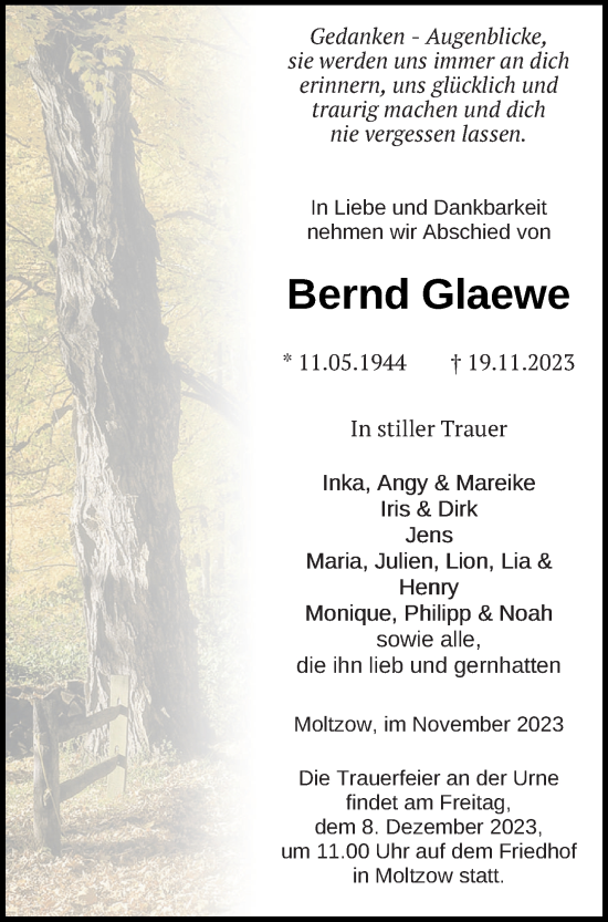 Traueranzeige von Bernd Glaewe von Müritz-Zeitung