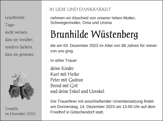 Traueranzeige von Brunhilde Wüstenberg von Templiner Zeitung