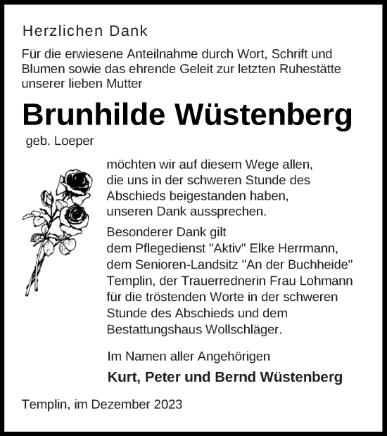 Traueranzeige von Brunhilde Wüstenberg von Templiner Zeitung