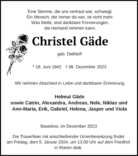Traueranzeige von Christel Gäde von Mecklenburger Schweiz