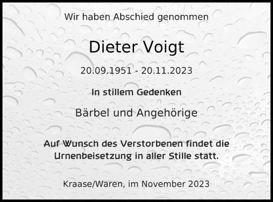 Traueranzeige von Dieter Voigt von Müritz-Zeitung
