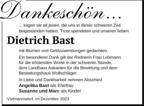 Traueranzeige von Dietrich Bast von Templiner Zeitung