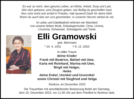 Traueranzeige von Elli Gramowski von Templiner Zeitung
