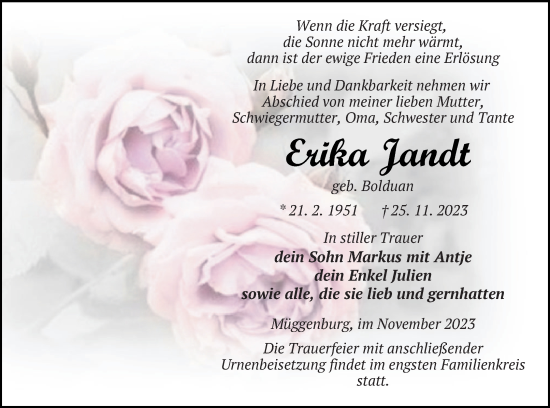 Traueranzeige von Erika Jandt von Haff-Zeitung