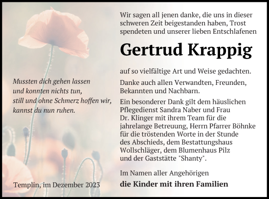 Traueranzeige von Gertrud Krappig von Templiner Zeitung