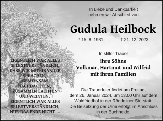 Traueranzeige von Gudula Heilbock von Templiner Zeitung