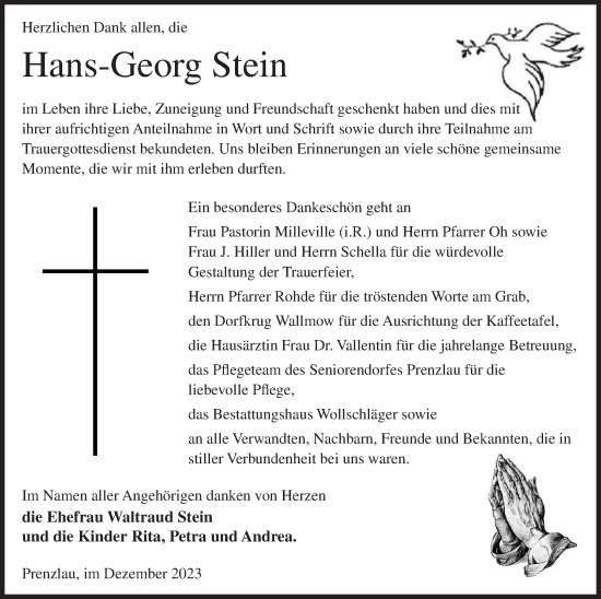 Traueranzeige von Hans-Georg Stein von Prenzlauer Zeitung
