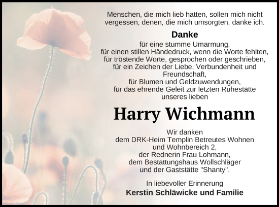Traueranzeige von Harry Wichmann von Templiner Zeitung