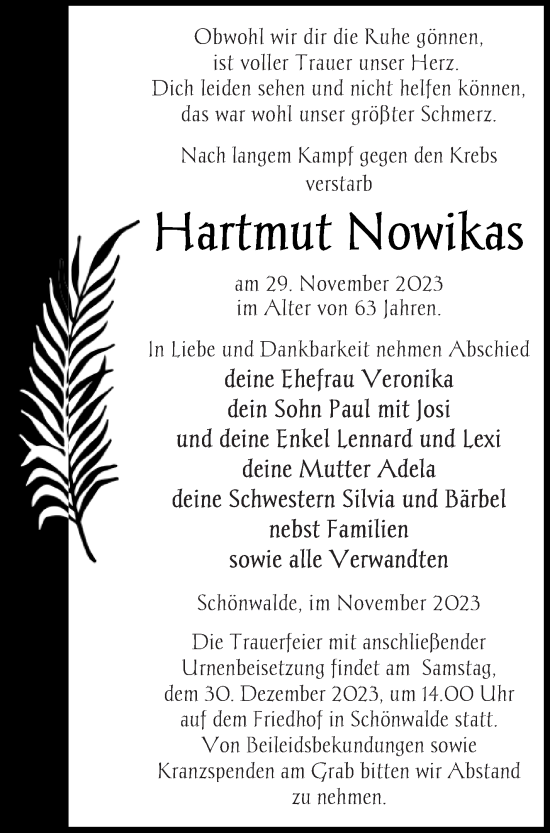 Traueranzeige von Hartmut Nowikas von Pasewalker Zeitung