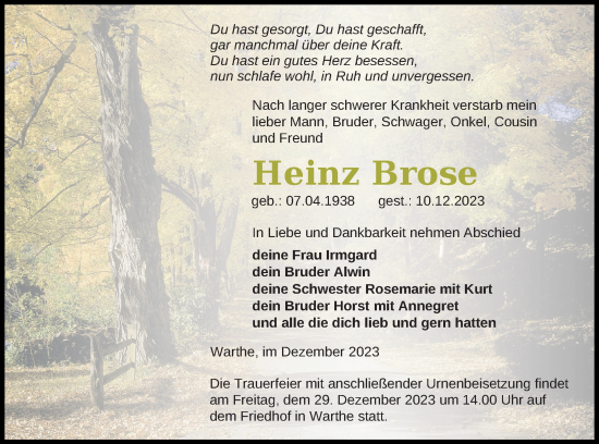 Traueranzeige von Heinz Brose von Templiner Zeitung