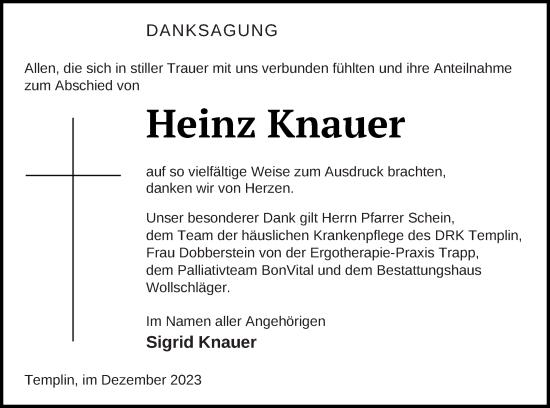 Traueranzeige von Heinz Knauer von Templiner Zeitung