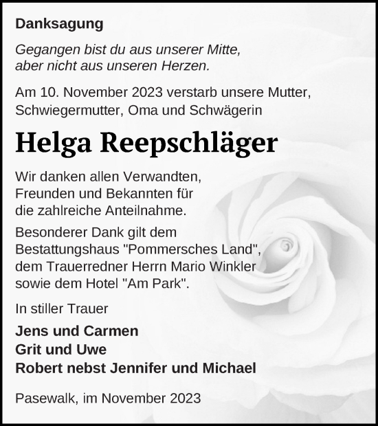 Traueranzeige von Helga Reepschläger von Haff-Zeitung