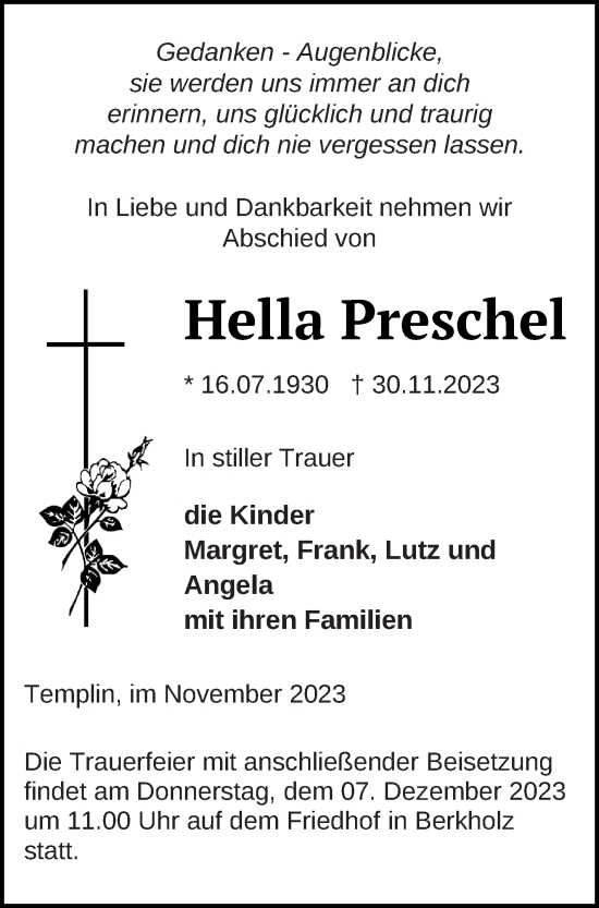 Traueranzeige von Hella Preschel von Templiner Zeitung