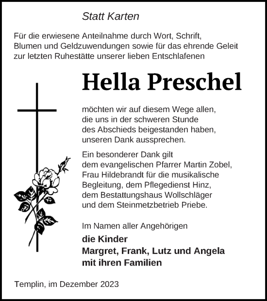 Traueranzeige von Hella Preschel von Templiner Zeitung