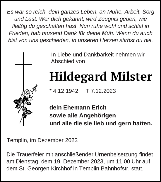 Traueranzeige von Hildegard Milster von Templiner Zeitung