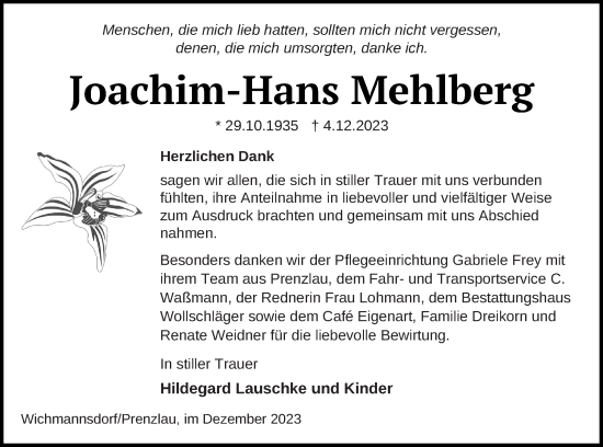 Traueranzeige von Joachim-Hans Mehlberg von Prenzlauer Zeitung