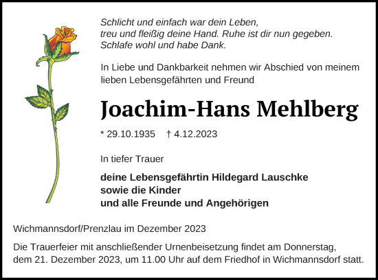 Traueranzeige von Joachim-Hans Mehlberg von Prenzlauer Zeitung