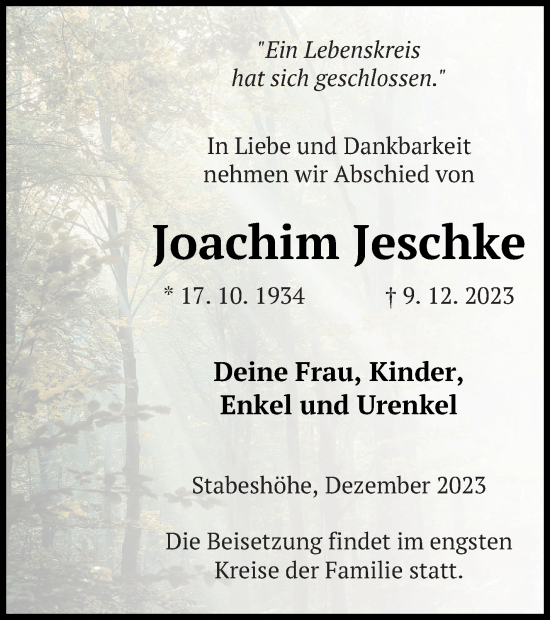 Traueranzeige von Joachim Jeschke von Templiner Zeitung