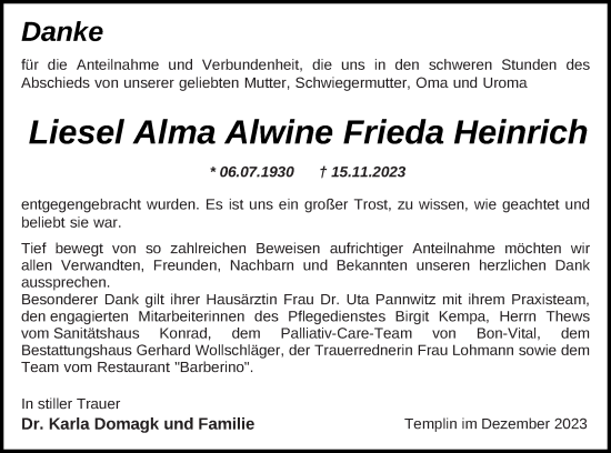 Traueranzeige von Liesel Alma Alwine Frieda Heinrich von Templiner Zeitung