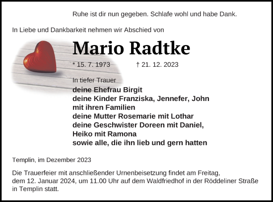 Traueranzeige von Mario Radtke von Templiner Zeitung