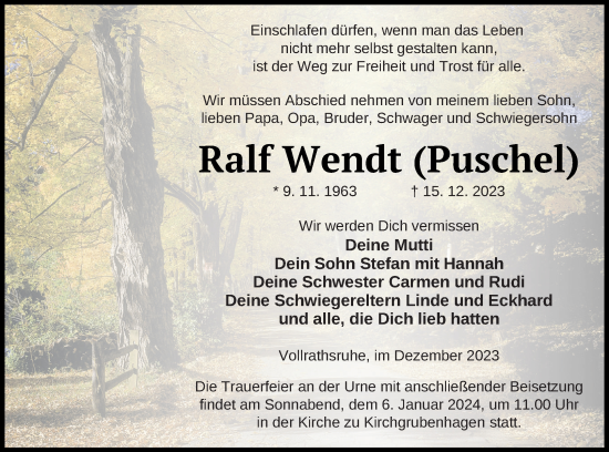 Traueranzeige von Ralf Wendt von Müritz-Zeitung