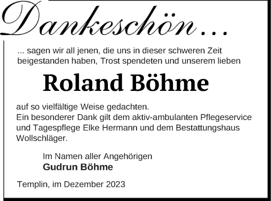 Traueranzeige von Roland Böhme von Templiner Zeitung