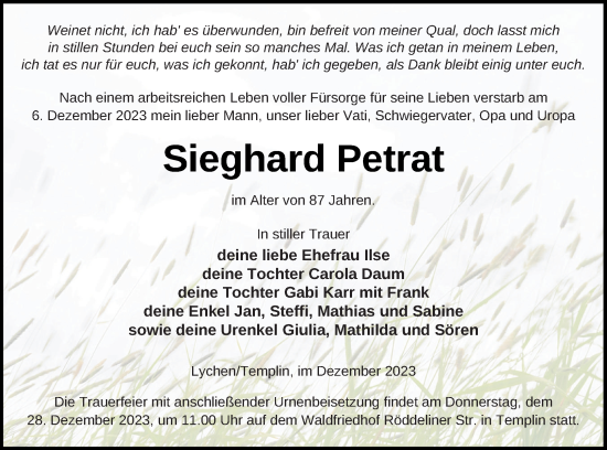 Traueranzeige von Sieghard Petrat von Neubrandenburger Zeitung