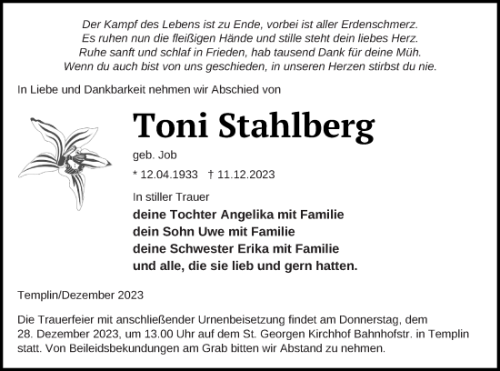 Traueranzeige von Toni Stahlberg von Templiner Zeitung
