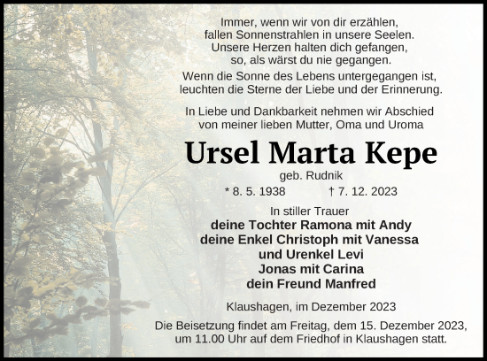 Traueranzeige von Ursel Marta Kepe von Templiner Zeitung