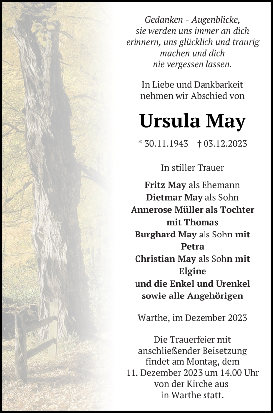 Traueranzeige von Ursula May von Templiner Zeitung