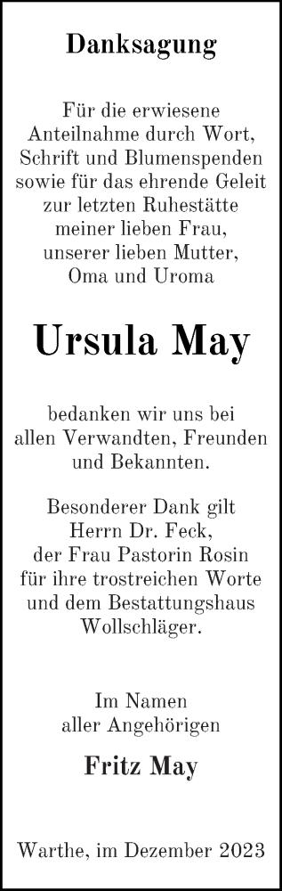 Traueranzeige von Ursula May von Templiner Zeitung
