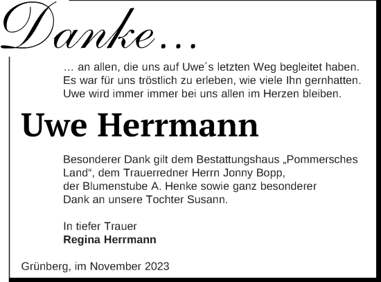 Traueranzeige von Uwe Herrmann von Pasewalker Zeitung